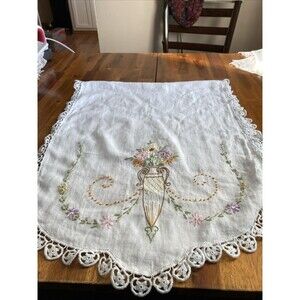 Vintage 50s Hand Embroidered Table Runner White Pink Floral  Linen Lace Trim
